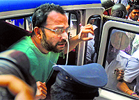 Suspended TMC MP and the prime accused in Saradha chit-fund scam Kunal Ghosh being taken out of the hospital in Kolkata.