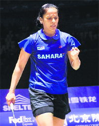 Saina Nehwal celebrates after beating Liu Xin of China in the semifinals of the China Open in Fuzhou.