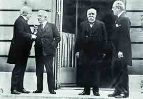 British Prime Minister David Lloyd George, Italian Premier Vittorio Emanuele Orlando, French Premier Georges Clemenceau and President Woodrow Wilson at Versailles at the Paris peace conference on May 27, 1919