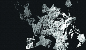 The combination photo of different images taken with Philaes CIVA camera system released by the European Space Agency shows  Rosettas lander Philae as it is safely on the surface of Comet 67P/Churyumov-Gerasimenko.