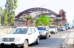 Traffic jam at the Amritsar-Jalandhar GT road in Amritsar on Sunday