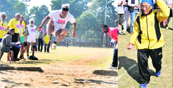 Gurnam Singh takes part in the long jump event (70 years and above category); and (right) 98-year-old Man Kaur participates in an event during the Veteran Athletics Meet at the Sports Complex in Sector 46, Chandigarh, on Sunday. 