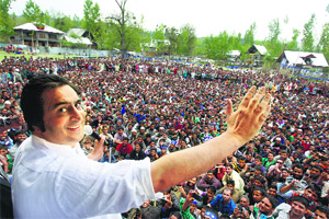 Peoples Conference chief Sajjad Lone addresses a rally in Kupwara district.
