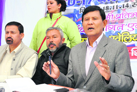Director, Education, CS Gwal addressing mediapersons about a national-level volleyball tournament at the Pavilion Ground in Dehradun on Sunday.