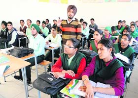 Students of Meritorious School without their winter uniform in Bathinda on Monday
