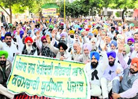 Members of the Punjab State Agriculture Cooperative Society Karamchari Union shout slogans during their protest in the Childrens Park in Bathinda on Monday