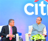 Union Finance Minister Arun Jaitley and Pramit Jhaveri, CEO of Citi India, at Citis Investor Summit in New Delhi on Monday.