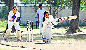 Players in action during a match of the (U-19) Junior State Women Cricket Championship at the GMSSS, Sector 56, Chandigarh on Monday. 