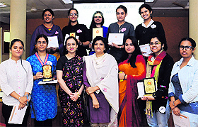Winners of the inter-college PowerPoint competition at the MCM DAV College for Women, Sector 36, Chandigarh, on Monday. 