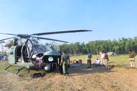 The IAF helicopter after its emergency landing in Yamunanagars Leda Khadar village on Monday following a snag