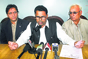 National general secretary of the BSP Narendra Kashyap addresses mediapersons in Jammu on Monday. 