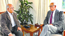 Governor NN Vohra interacts with Sudhir K Jain, Vice Chancellor of Shri Mata Vaishno Devi University, at Raj Bhawan in Jammu on Monday. 