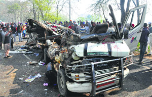 The mangled remains of a tempo traveller after a road accident in Jalandhar