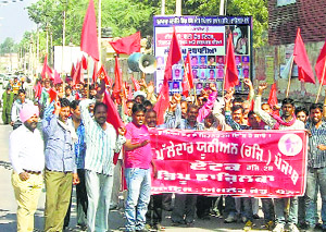 Members of the Punjab Palledar Union hold a procession in support of their demands in Fazilka on Monday.