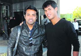 STAR APPEAL: Tennis legend Leander Paes and Somdev Devvarman arrive at a hotel in Sector 35 for the Champions Tennis League, to be played at the CLTA Complex in Sector 10 on November 20 and 21