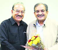 Kaul Singh, state minister, with Birender Singh, Union Minister for Rural Development, in New Delhi on Tuesday.