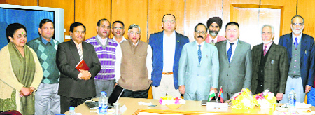 The visiting delegation of the Mangolian University of Life Sciences  with the VC and other officers of the CSKHPAU in Palampur on Tuesday.