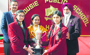 DC M Sudha Devi gives away prizes to students, while Dr GS Dhillon, Director-Principal of DPS, looks on in Chamba on Tuesday.