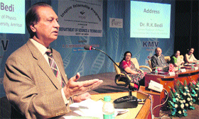 Dr RK Bedi addresses a gathering during the INSPIRE Camp at KMV College in Jalandhar.