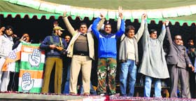 Star power: Bollywood actor and Congress leader Raj Babbar (centre) and JKPCC chief Saifuddin Soz (extreme right) with other leaders during an election rally at Hajin in Bandipora district on Tuesday