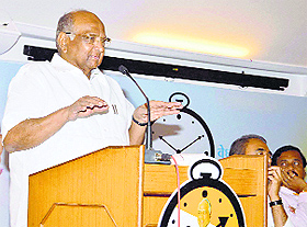 NCP chief Sharad Pawar addresses a party meeting in Mumbai on Tuesday. 