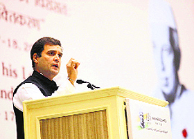 Congress vice-president Rahul Gandhi addresses the concluding session of the global conference on Nehrus legacy in New Delhi on Tuesday.