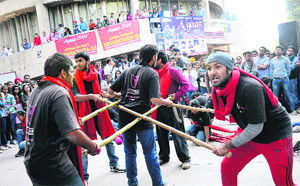 Students stage a "nukkad natak" at the Student Centre, Panjab University, on Wednesday. 
