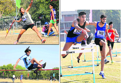 (Clockwise from top left) A girl takes part in the javelin throw event; sprinters during the 400 m hurdle race; and an athlete in action during the high jump event of the ongoing Panjab University Annual Athletics Meet at the PU campus grounds in Chandigarh on Wednesday