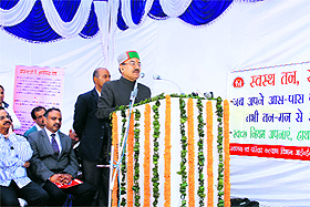 Health and Family Welfare Minister Kaul Singh Thakur addresses a gathering at Dharampur after dedicating the Emergency Response Centre to the people.