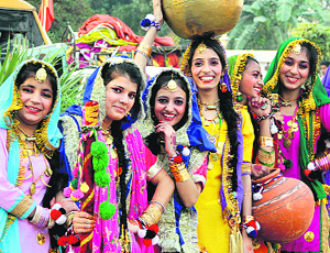 Girls at the inter-school youth festival organised by the NGO Citizens Welfare and Protection Council at the DAV College in Jalandhar on Wednesday.