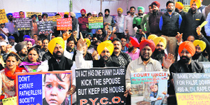 Members of the Punjab Youth Clubs Organisation hold a demonstration in Jalandhar on Wednesday.