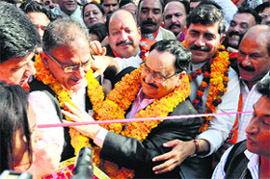 Union Minister for Health and Family Welfare JP Nadda along with BJPs Gandhi Nagar candidate Kavinder Gupta during the inauguration of the election office in Jammu on Wednesday.