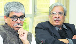 Financial Commissioner (Development), Punjab, Suresh Kumar (L) and IDC Director Pramod Kumar in Chandigarh on Wednesday.