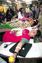 Girls donate blood at RKMV College, Shimla, on Wednesday