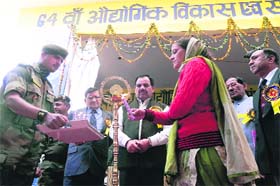 A veer nari being felicitated at an Army veterans rally at Gauchar near Dehradun on Tuesday