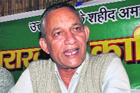 UKD leader AP Juyal addresses mediapersons in Dehradun on Wednesday