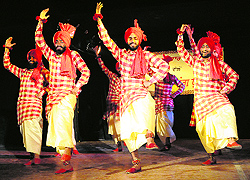 Students of Khalsa College perfom Jhumar dance during the Youth Theatre Festival at Virsa Vihar in Amritsar on Thursday