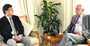 Governor NN Vohra with Kuldeep Khoda, Chief Vigilance Commissioner, J&K, at Raj Bhawan in Jammu on Thursday.
