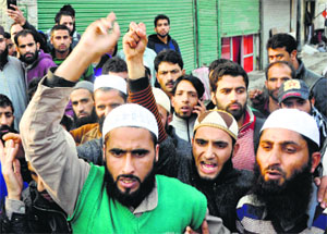 Clerics hold a protest in Srinagar on Thursday.