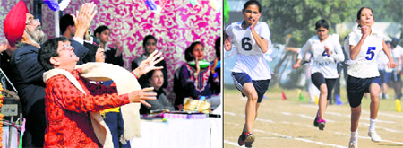 Kiran Bedi, former IPS officer, releases a pigeon; and (right) girls take part in a race during the annual athletics meet at GGN Public School in Ludhiana on Thursday.