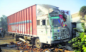 The damaged truck after it barged into a house at Lalru village on the Ludhiana-Malerkotla road near Mandi Ahmedgarh on Wednesday night