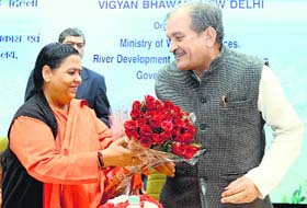 Union Ministers Uma Bharti and Birender Singh at the conference on water conservation in New Delhi on Thursday