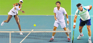 Bangalore Raptors Venus Williams hits a smash as Feliciano Lopez looks on during their match against Agnieszka Radwanska and Marcos Baghdatis of Pune Marathas; and Punes Pat Cash jokes around by walking like an old man during his match in Bangalore on Thursday.