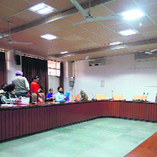 A monkey entered the meeting hall at the Deputy Commissioners office in Bathinda on Friday.