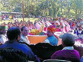 KS Pathania at a public function at Gheara village in Shahpur on Friday. 