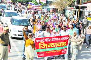Residents of five villages protest in Karnal on Friday
