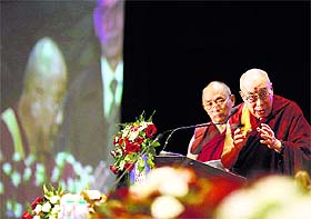 Tibetan spiritual leader The Dalai Lama addresses the World Hindu Congress in New Delhi. 