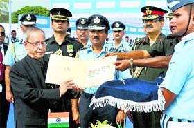 President Pranab Mukherjee during the Presentation of Standards to 115 Helicopter Unit & 26 Squadron of the Indian Air Force at Tezpur on Friday. 