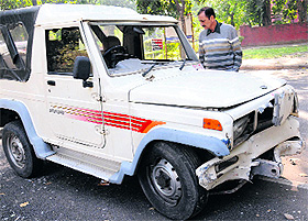 The jeep that was involved in the accident parked at the Sector 36 police station in Chandigarh. 