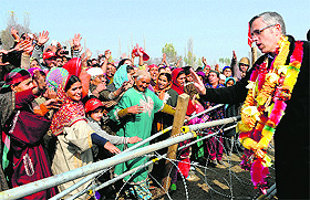 Chief Minister Omar Abdullah addresses National Conference supporters in Bandipora district on Saturday. 